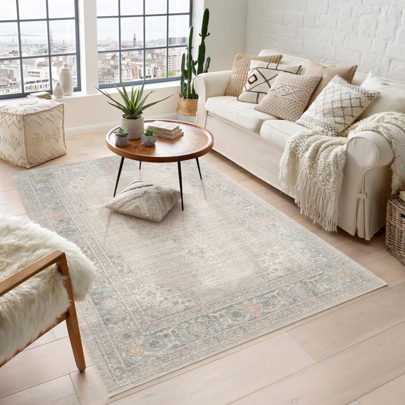 Image of Maia Washable Low Pile Non Slip Orchid Traditional Area Rug - Beige, 120 X 180 Cm (Rectangular)