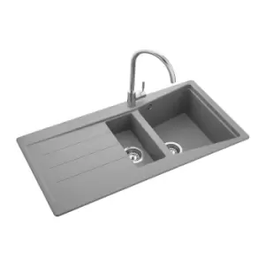 image of 1.5 Bowl Inset Grey Granite Kitchen Sink with Reversible Drainer - Rangemaster Mica