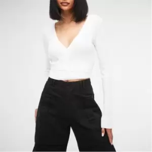 image of Missguided Rib Wrap Front Knit Crop Top - White