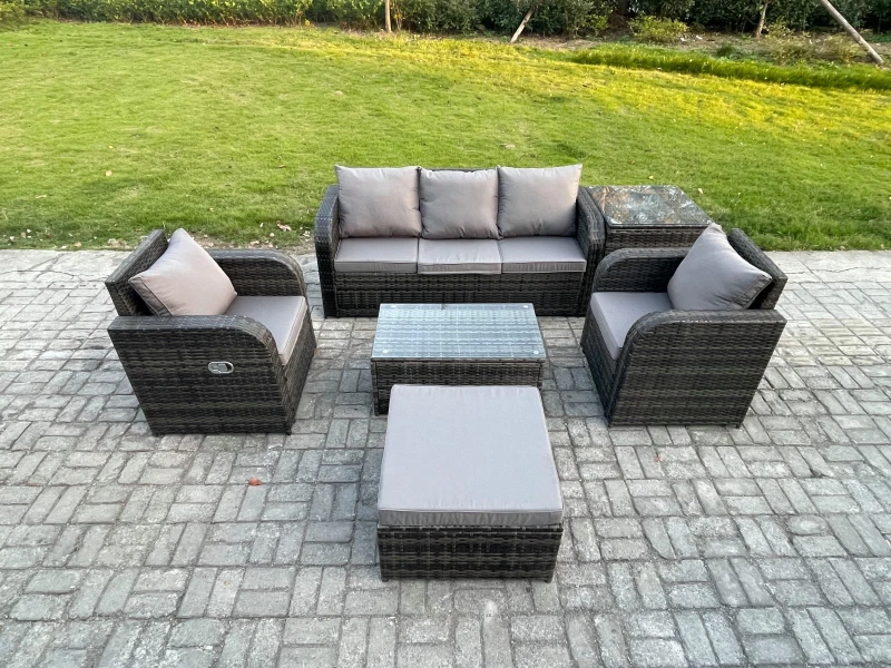 Image of Fimous Outdoor Rattan Garden Furniture Set 6 Seater Patio Lounge Sofa Set with Reclining Chair Rectangular Coffee Table Dark Grey