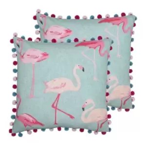 image of Paoletti Flamingo Polyester Filled Cushions Twin Pack Linen Duck Egg