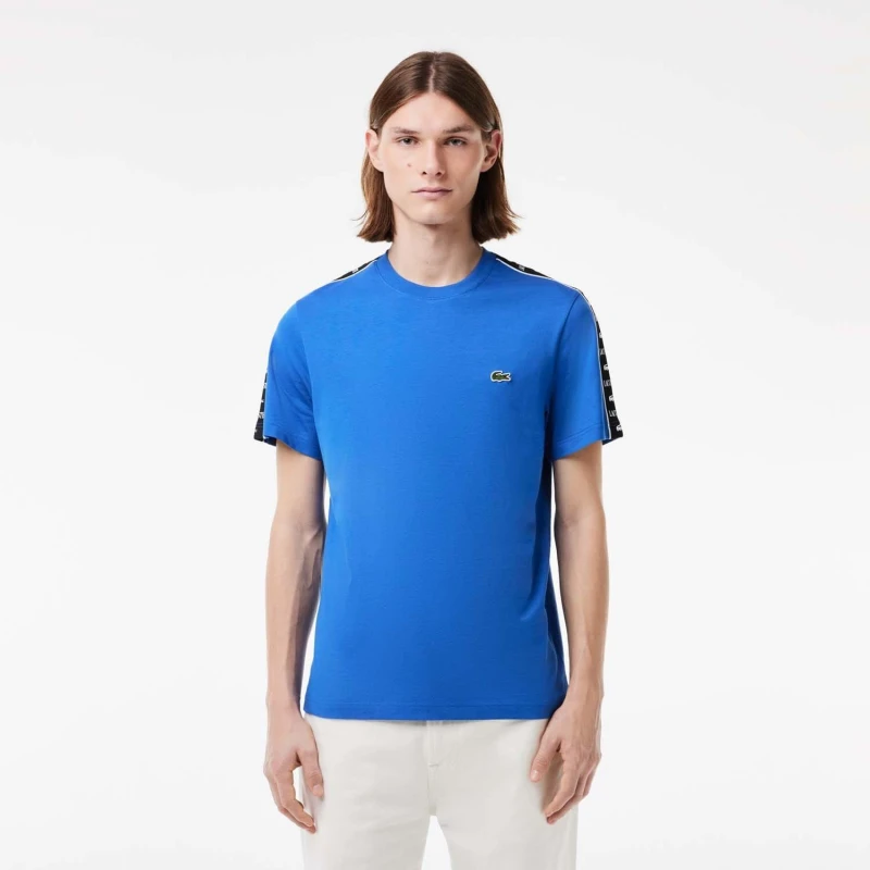 Image of Lacoste Cotton Jersey Logo Stripe T-Shirt - Blue Blue XS