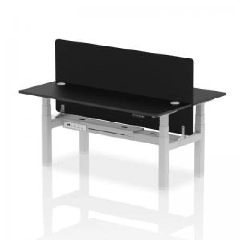 Image of Air Back - to - Back 1800 x 600mm Height Adjustable 2 Person Bench Office Desk Black Top - Cable Ports Silver Frame - Black Straight Screen