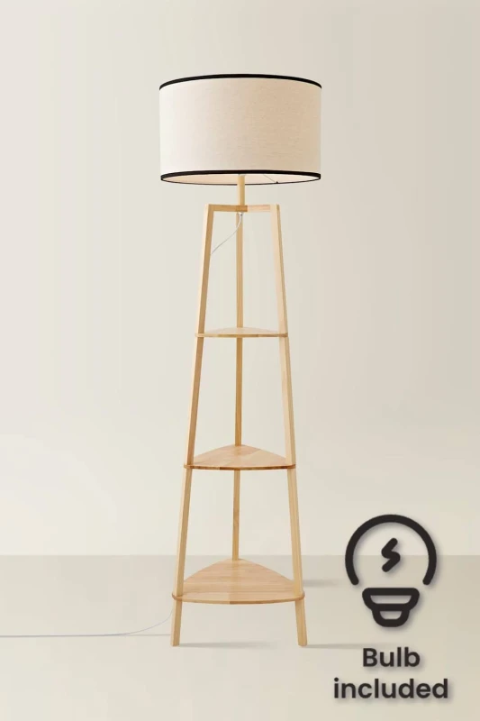 Image of ValueLights ValueLights Hiru Wooden 3 Tier Shelf Floor Lamp with Trimmed Linen Shade and Bulb in Black One Size Unisex 5059406058585