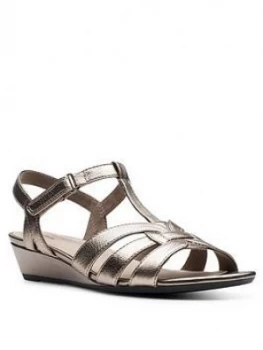 Image of Clarks Abigail Daisy Low Leather Wedge Sandal - Metallic