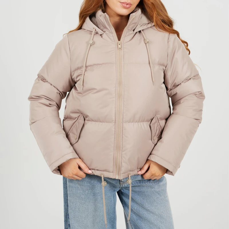 Image of Brave Soul Womens Hooded Long Sleeve Short Puffer Jacket Stone/Stone female 12 (M)
