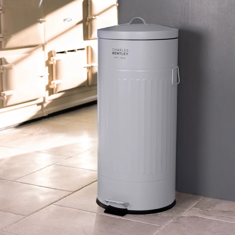Image of 30L Round Retro Kitchen Pedal Bin Light Grey