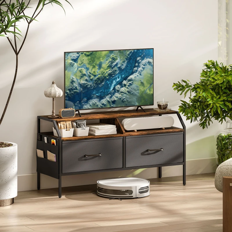 Image of HOMCOM HOMCOM TV Stand Cabinet with 2 Foldable Drawers, Rustic Brown Size: 90cm x 35cm Brown 90cm x 35cm Unisex 5063603413825