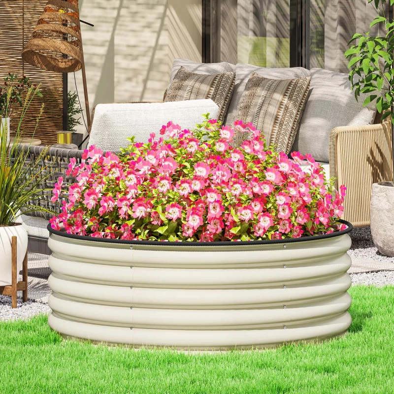 Image of Outsunny Galvanised Planter with Gloves, 120 x 120 x 43cm, Cream White Light Beige