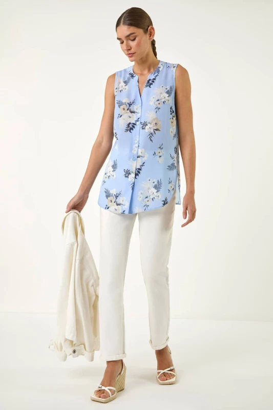 Image of Roman Womens Floral Print Longline Blouse in Blue Size: 18 Blue Female 18