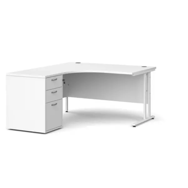 image of Office Desk Left Hand Corner Desk 1400mm With Pedestal White Top With White Frame Maestro 25