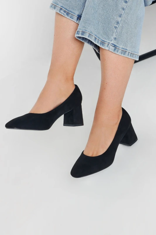 Image of Yours Womens Faux Suede Mid Block Heel Court Shoes in Black Size: 7EEE Black Female 7EEE