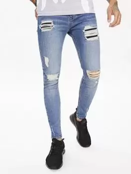 image of 11 Degrees Sustainable Distressed Jeans - Mid Blue Wash , Mid Blue Wash, Size S, Men