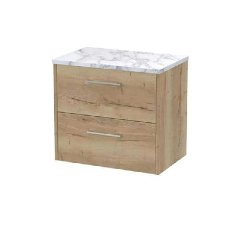 Image of Nuie Hudson Reed Juno Wall Hung 2-Drawer Vanity Unit & Bellato Grey Worktop, Countertop Basin Unit In Autumn Oak, 600mm