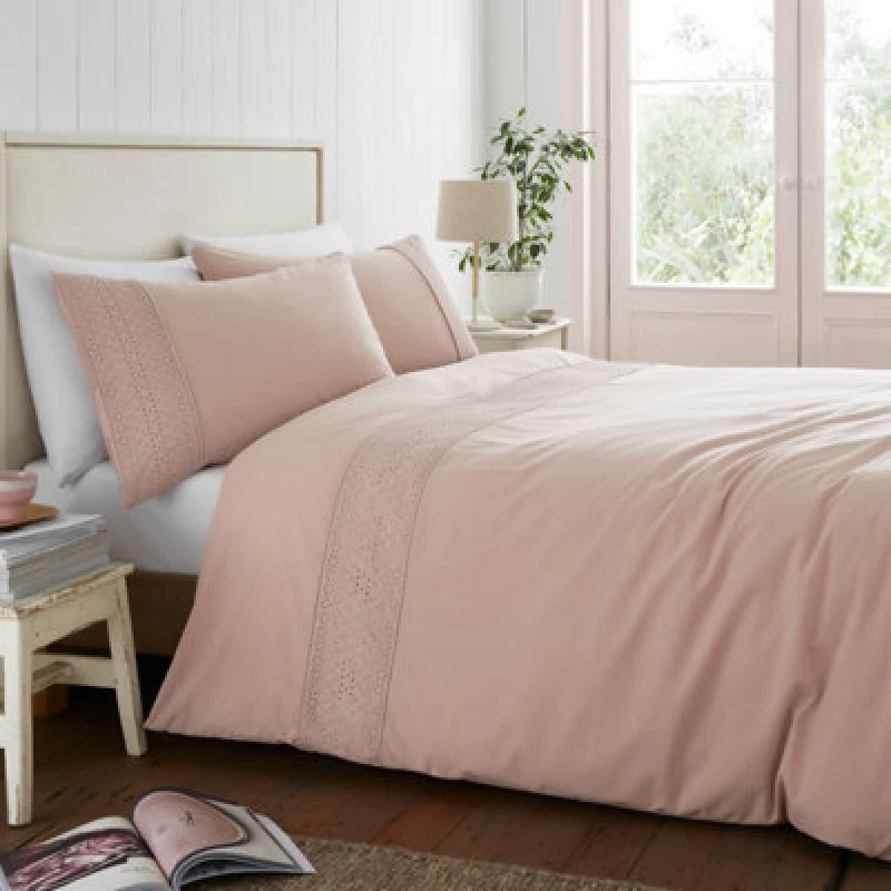 Image of Catherine Lansfield Broderie Anglaise Double Duvet Cover Set With Pillowcases Blush Pink