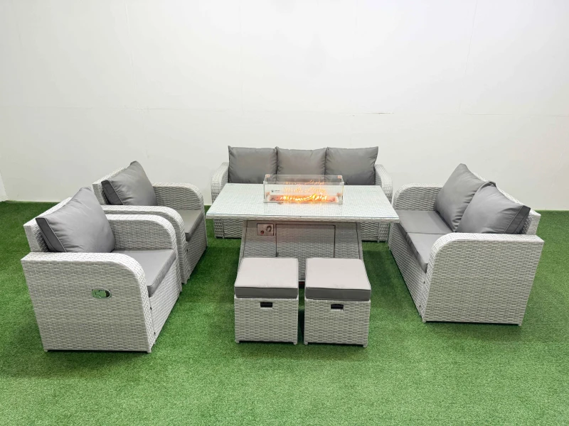 Image of Fimous PE Rattan Garden Furniture Set Reclining Chair Sofa Double Love Seat 2 Seater Sofa Lounge Set Firepit Dining Table 2 Stools Light Grey Light Gr