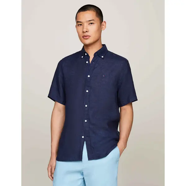 Image of Embroidered Logo Linen Shirt with Short Sleeves