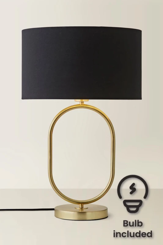 Image of ValueLights Antonia Fabric with Gold Drum Shade Brushed Gold Oval Table Lamp with LED Bulb in Black Unisex