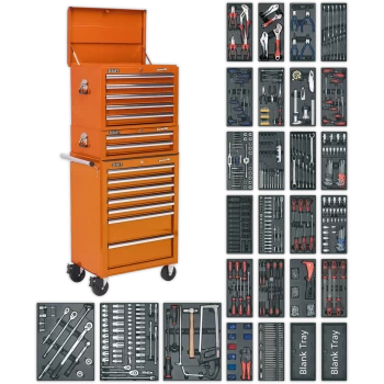 image of Sealey Superline Pro 14 Drawer Roller Cabinet, Mid and Top Tool Chests + 1179 Piece Tool Kit Orange