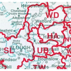 image of Map Marketing Postcode Areas Map Unframed Scale 12.5 Miles to 1 inch