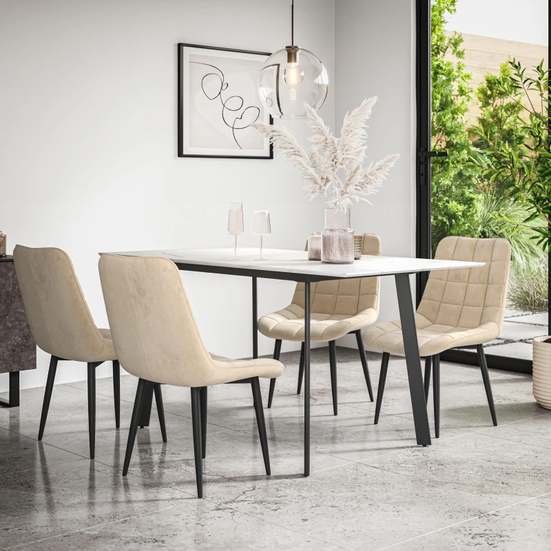 Image of More4Homes Haydon Extending Dining Table + Chairs- White Marble Effect Table Top W Black Legs + Nova Velvet Dining Chair Set Of 4 (Beige)
