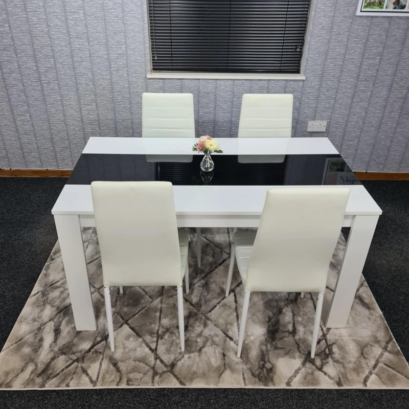 Image of KOSY KOALA Dining Table and 4 Chairs White Black Wood 4 Leather White Chairs Dining Room Modern w/b 117 + 4 white metal
