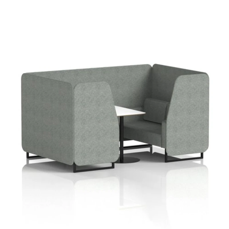 Image of Brixworth 4 Seater Office Booth with Front Panel - Black Legs and White Table with Black Leg in Rivet Fabric - Prime Panels and Sofa