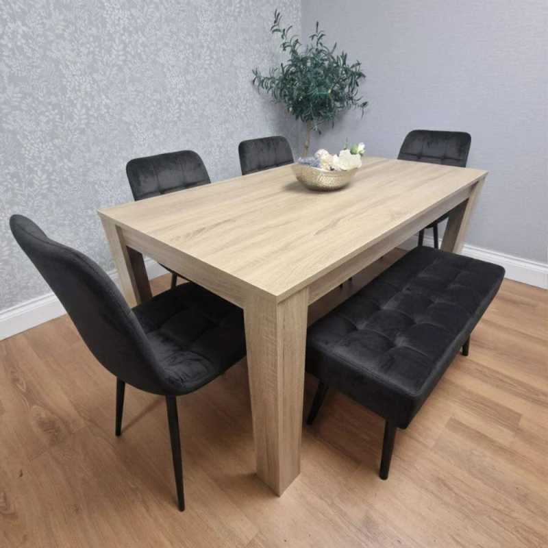 Image of KOSY KOALA Modern Oak Table with 4 Black Velvet Chairs & a Black Velvet Benche Black Unisex