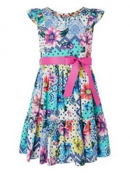 Image of Monsoon Girls Blue Floral Spot Printed Dress - Blue, Size 10 Years, Women