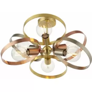 image of Semi Flush Ceiling Light - Satin Brass & Brushed Copper Plate - 6 x 40W E27 GLS