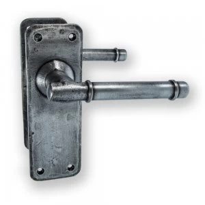 image of LocksOnline Belfry Pewter Hand-forged Door Handle Set on Backplate