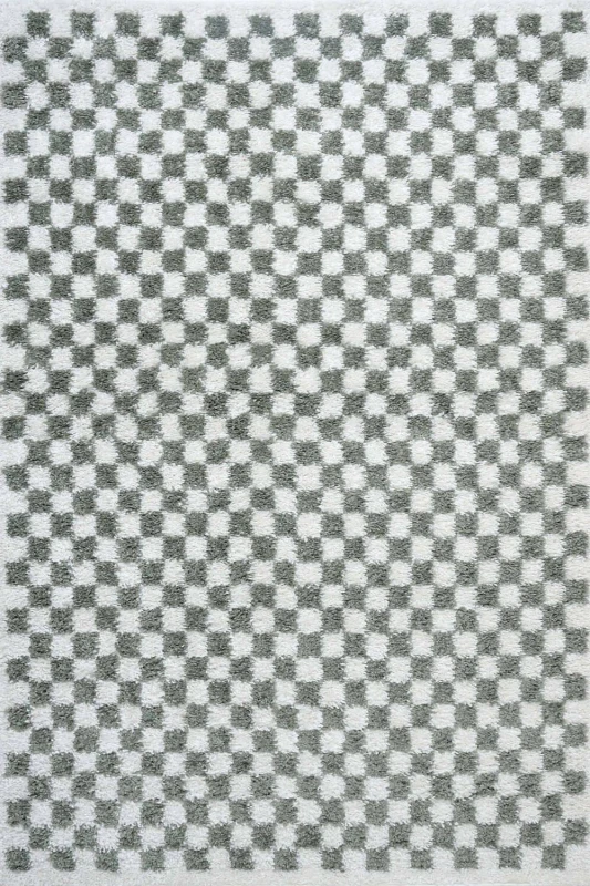 Image of THE RUGS Moodi Chequered Shaggy Soft High Pile Living Room Rug & Runner in Green Size: 80cm x 300cm Green Unisex 80cm x 300 cm