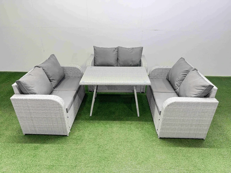 Image of Fimous Rattan Garden Furniture Dining Set 6-seater Rectangular Table Set in Light Grey Light Grey Unisex