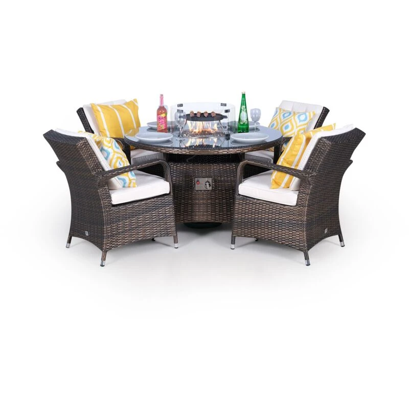 Image of Thats Furniture Arizona Fire Pit 4 Seater Round Rattan Dining Set in Brown Brown Unisex