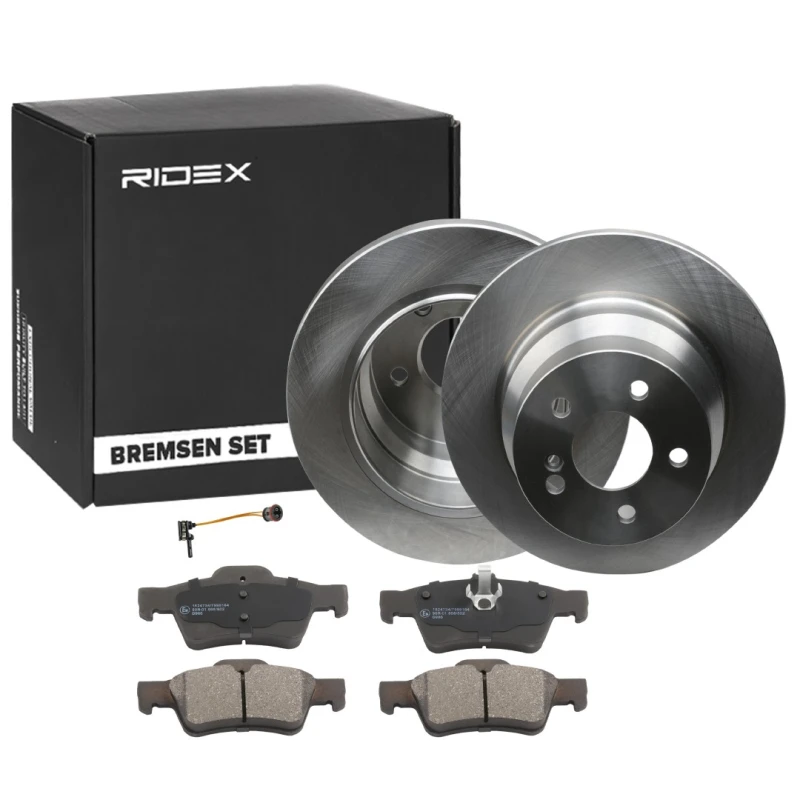 Image of RIDEX 3405B1668 Brake disc and pads set Rear Axle, Brake Disc Type: Solid, incl. wear warning contact, with anti-squeak plate Brake Set,disc brakes (