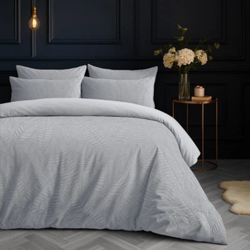 Image of Velosso Grey Savannah Embossed Leaf Pattern Duvet Cover And Pillowcase Set Single