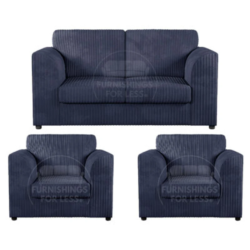 Image of Furnishings For Less UK Luxor Jumbo Cord 2 + 1 + 1 Fabric 3 Piece Sofa Suite - Fullback Navy Blue