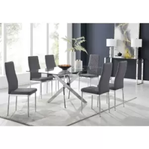 Image of Furniturebox UK - Furniturebox Leonardo 6 Chrome Leg Glass Dining Table and 6 Grey Milan Velvet Dining Chairs Diamond Stitch Modern Contemporary