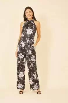 image of Black Floral Satin Halter neck Jumpsuit