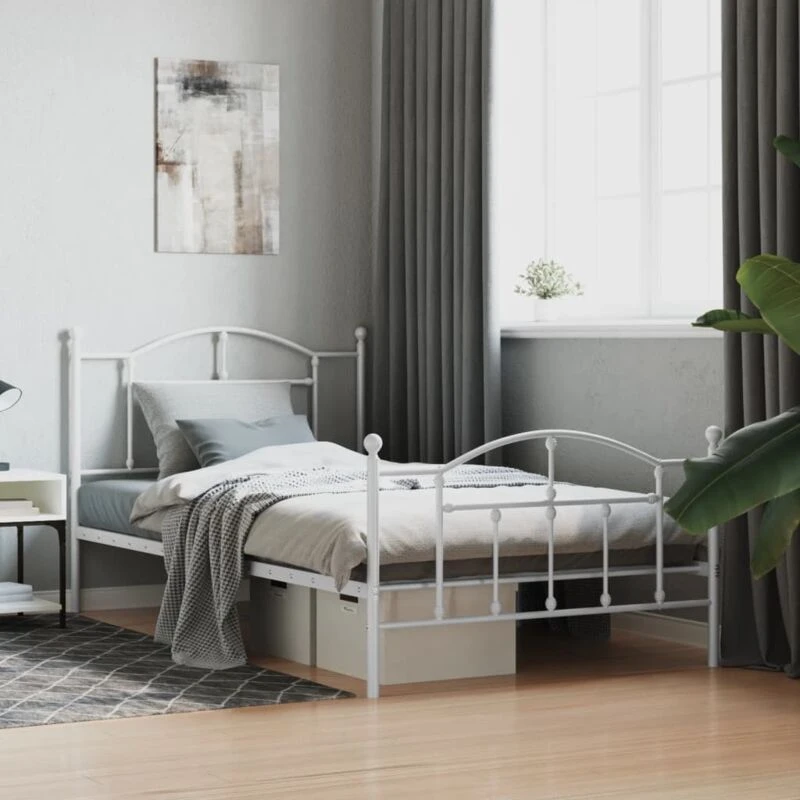 Image of Vidaxl Metal Bed Frame Without Mattress With Footboard White 107X203 Cm, White 353502