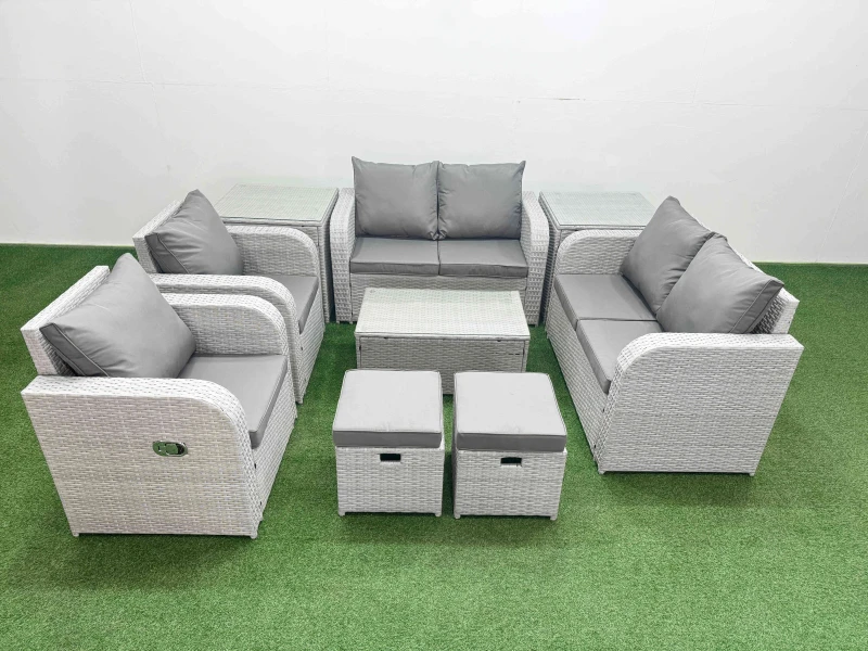 Image of Fimous 8 Seater Outdoor Reclining Chair Love Sofa Set Rattan Garden Furniture Set with Rectangular Coffee Table 2 Stools 2 Side Table Light Grey Light