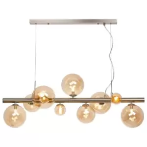 image of Luminosa Marshall Linear Ceiling Pendant, 9 Light G9, Satin Nickel, Amber Plated Glass