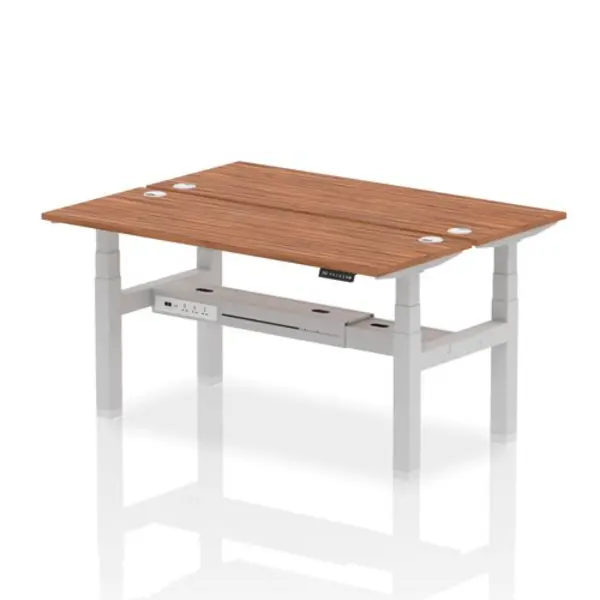 Image of Air Air Back-to-Back 1600 x 600mm Height Adjustable 2 Person Bench Desk Walnut Top with Cable Ports Silver Frame HASCP2P16600WNTS