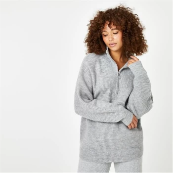 image of Jack Wills Lounge High Neck Zip Knitted Jumper - Grey Marl