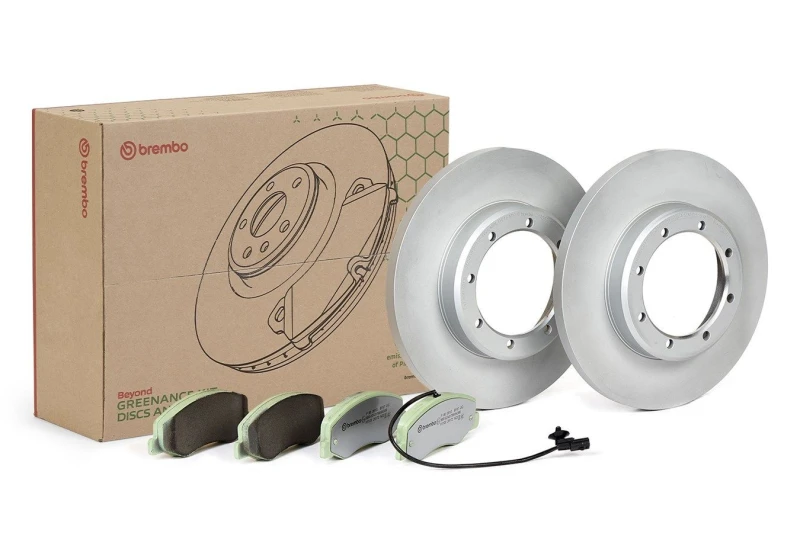 Image of BREMBO KT 10 038 Brake disc and pads set BEYOND LINE - Greenance without accessories, Brake Disc Type: Solid, incl. wear warning contact, with anti-sq
