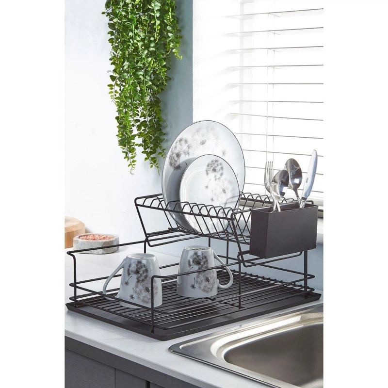 Image of Homelife Matte Black 2-Tier Steel Dish Drainer Black One Size