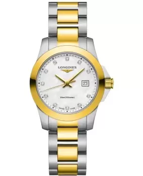 Image of Longines Conquest Quartz Mother of Pearl Diamond Dial Stainless Steel and Yellow Gold PVD Womens Watch L3.376.3.87.7 L3.376.3.87.7