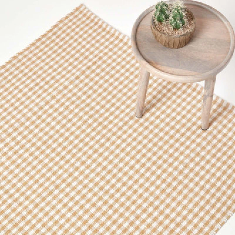 Image of Homescapes Cotton Gingham Check Rug Hand Woven Beige White, 70 X 120 Cm
