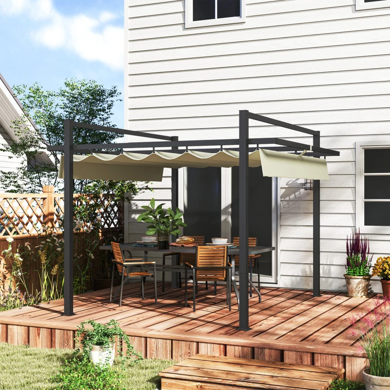Image of Outsunny 3 x 3(m) Pergola with Retractable Roof and Aluminium Frame, Khaki Khaki