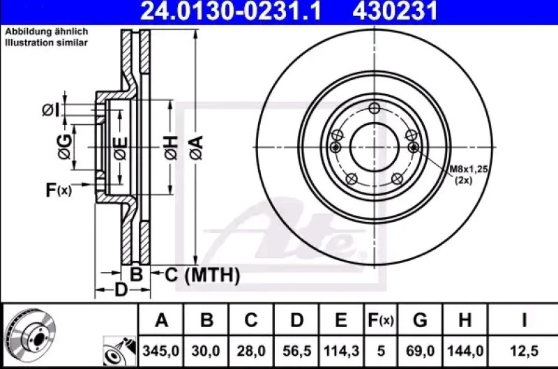 Image of ATE 24.0130-0231.1 Brake disc Vented, Coated, Alloyed/High-carbon Brake Disc (82)